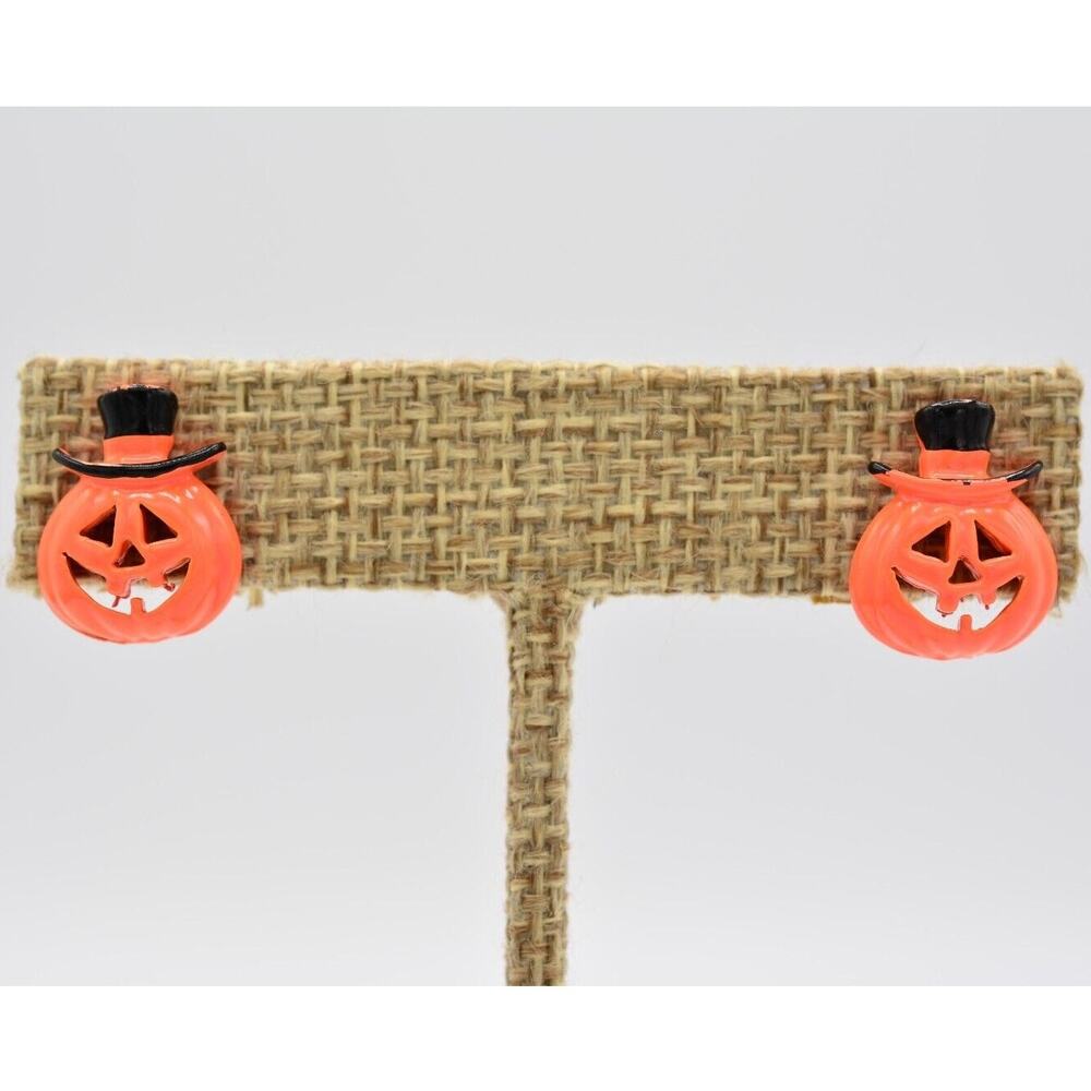 Pumpkin Earrings Stud Jack O Lantern Orange Black Halloween Costume Cute BinC